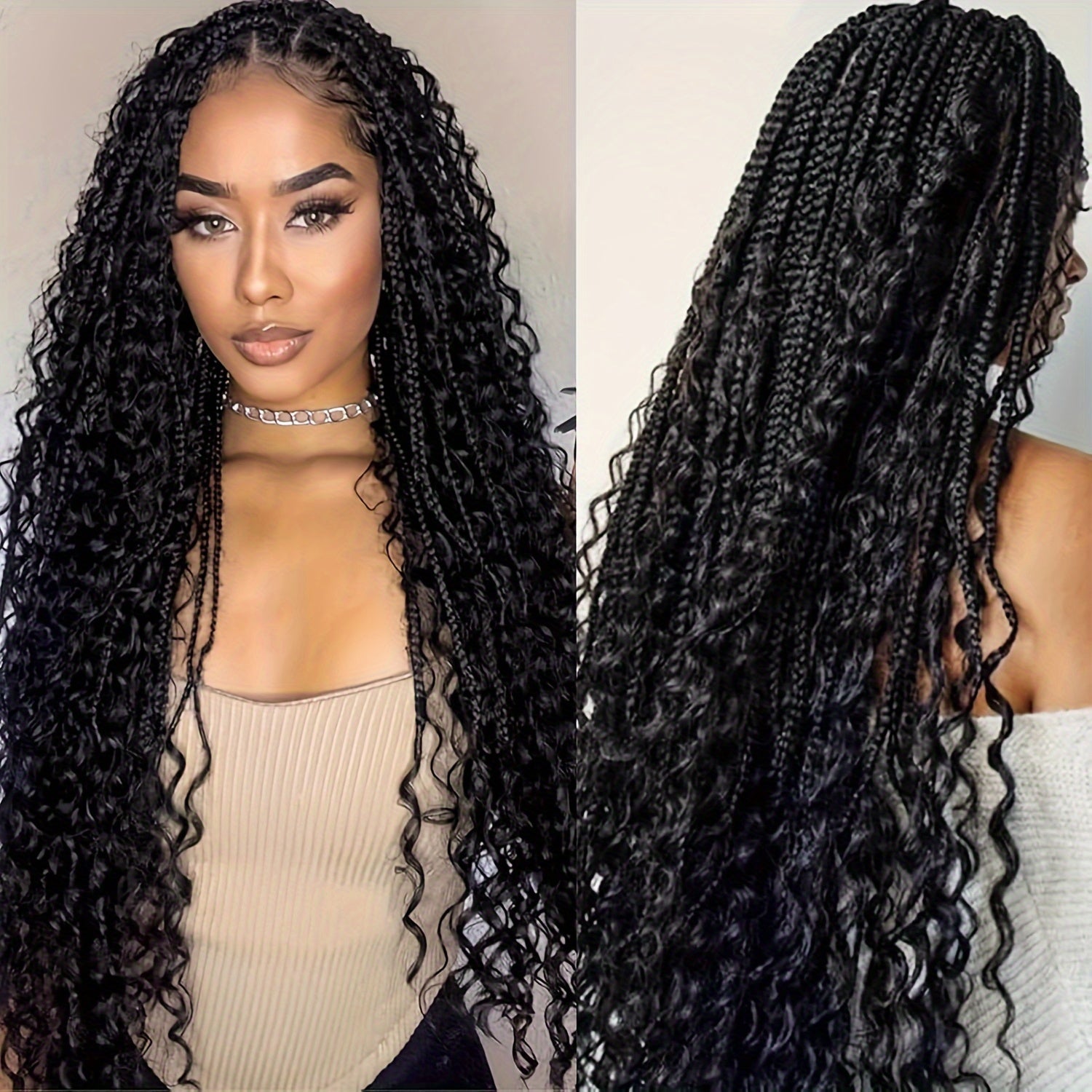 Boho Knotless Braided Wigs for & Men - Double Full Lace Synthetic Hair with Hair, 200% Density Curly Wave, Heat Resistant & Breathable, Unisex Bohemian Box Braids for Everyday & Special Occasions